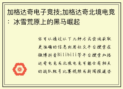 加格达奇电子竞技;加格达奇北境电竞：冰雪荒原上的黑马崛起